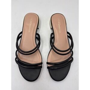 BCBG NWOT Black Strappy Flats Slides Sandals Gold Metallic Heel, Size 7.5
